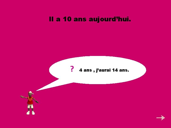 Il a 10 ans aujourd’hui. ? Dans 4 ans , j’aurai 14 ans. 