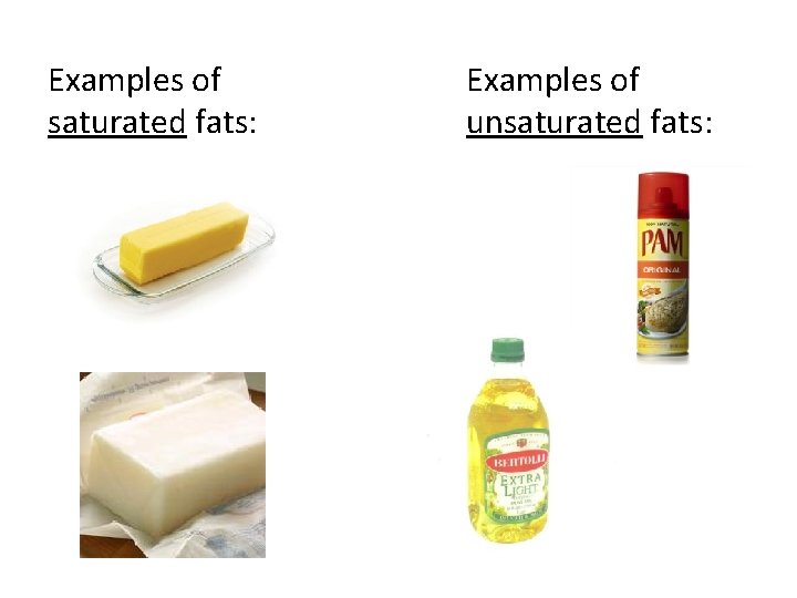 Examples of saturated fats: Examples of unsaturated fats: 
