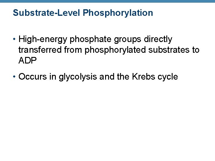 Substrate-Level Phosphorylation • High-energy phosphate groups directly transferred from phosphorylated substrates to ADP •