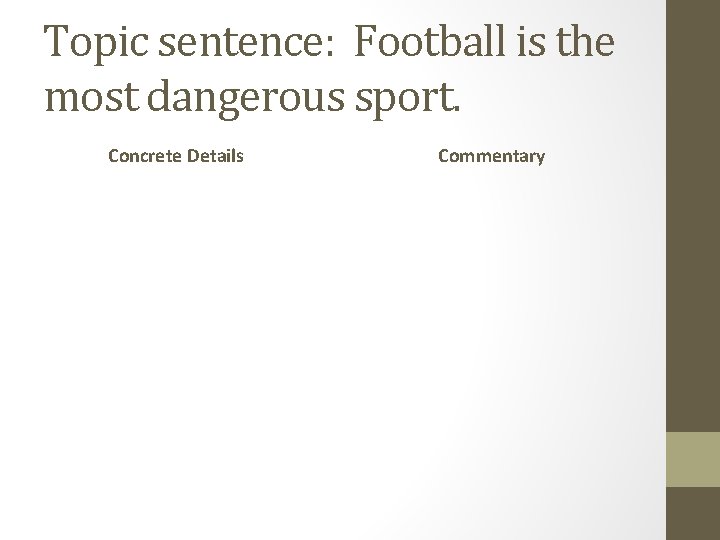 Topic sentence: Football is the most dangerous sport. Concrete Details Commentary 
