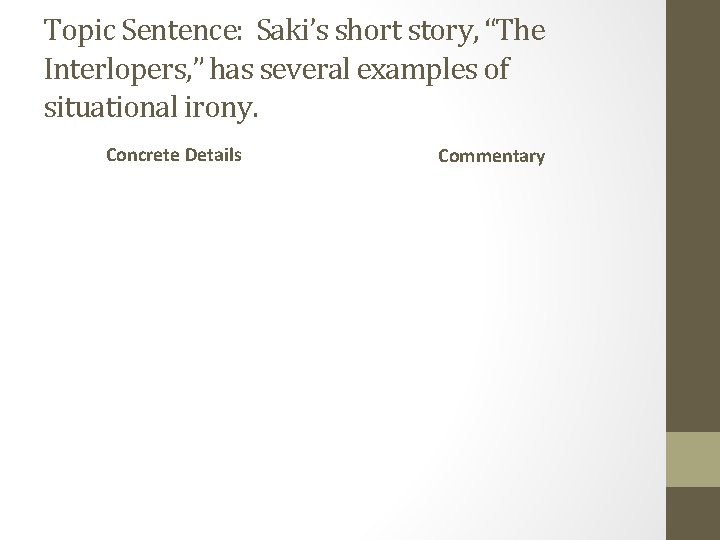 Topic Sentence: Saki’s short story, “The Interlopers, ” has several examples of situational irony.