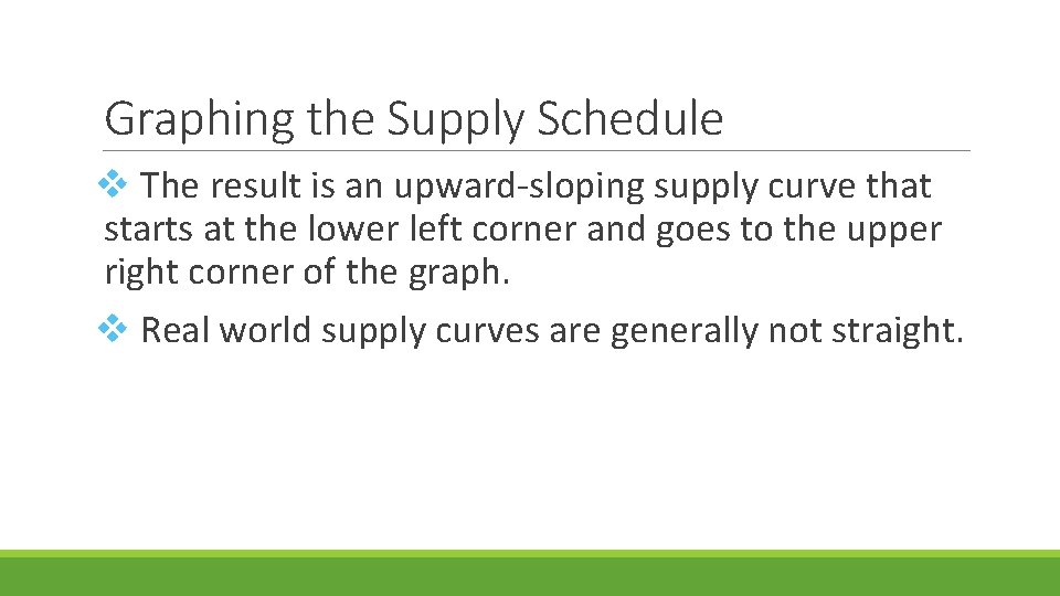 Graphing the Supply Schedule v The result is an upward-sloping supply curve that starts