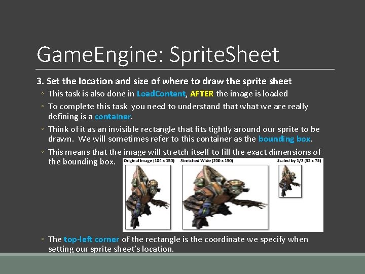 Game. Engine: Sprite. Sheet 3. Set the location and size of where to draw