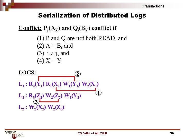 Transactions Serialization of Distributed Logs Conflict: Pj(AX) and Qi(BY) conflict if (1) P and