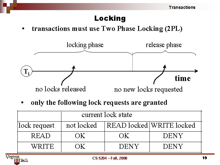 Transactions Locking • transactions must use Two Phase Locking (2 PL) locking phase release