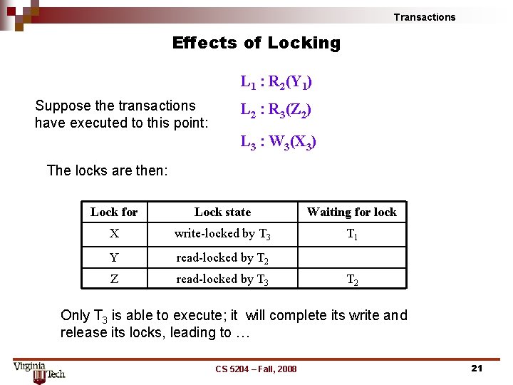 Transactions Effects of Locking L 1 : R 2(Y 1) Suppose the transactions have