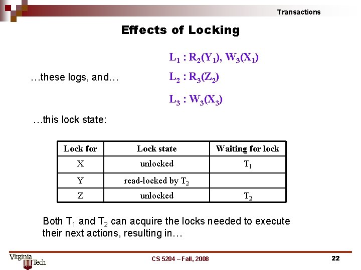 Transactions Effects of Locking L 1 : R 2(Y 1), W 3(X 1) …these