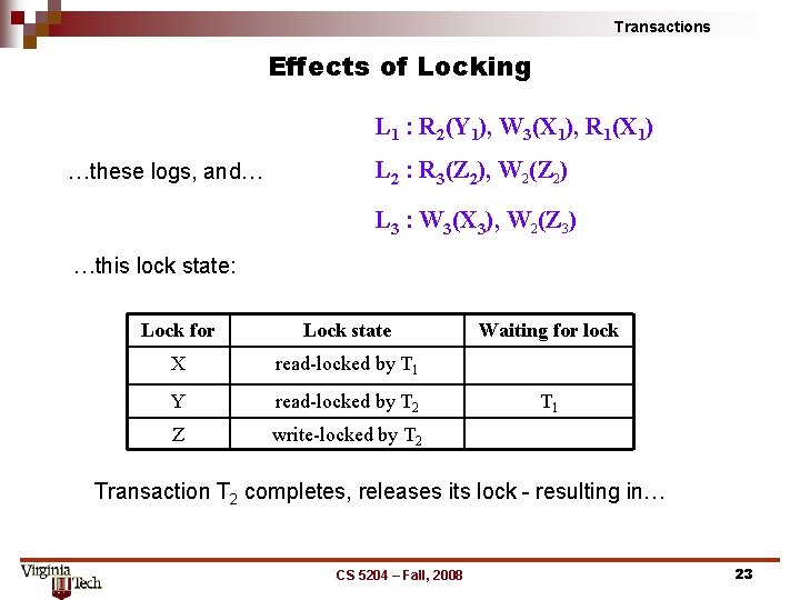 Transactions Effects of Locking L 1 : R 2(Y 1), W 3(X 1), R
