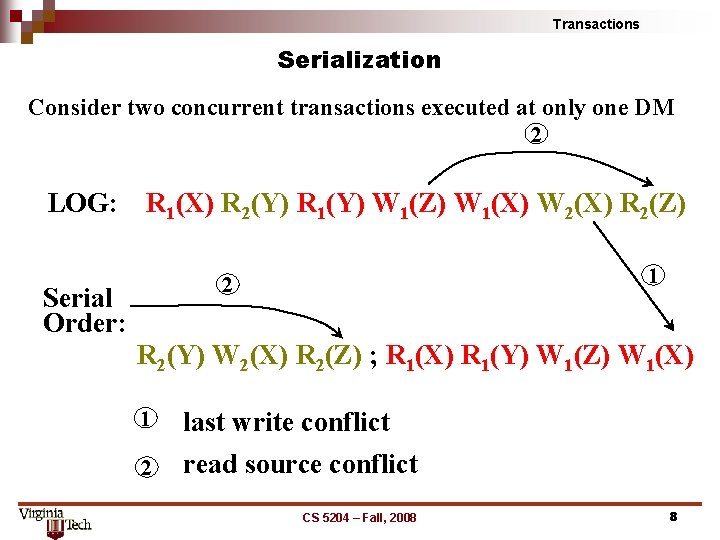 Transactions Serialization Consider two concurrent transactions executed at only one DM 2 LOG: R