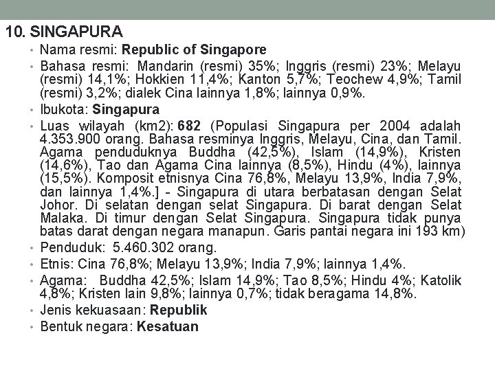 10. SINGAPURA • Nama resmi: Republic of Singapore • Bahasa resmi: Mandarin (resmi) 35%;