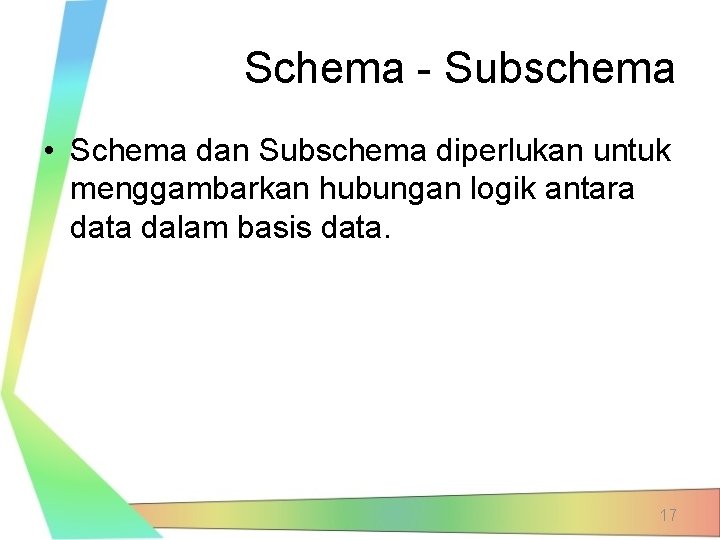 Schema - Subschema • Schema dan Subschema diperlukan untuk menggambarkan hubungan logik antara data