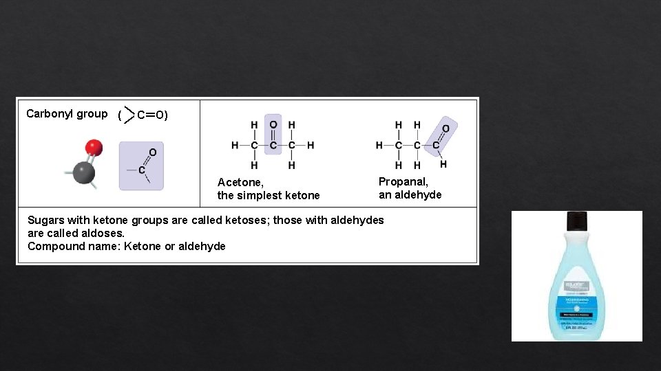 — — Carbonyl group ( C＝O) Acetone, the simplest ketone Propanal, an aldehyde Sugars