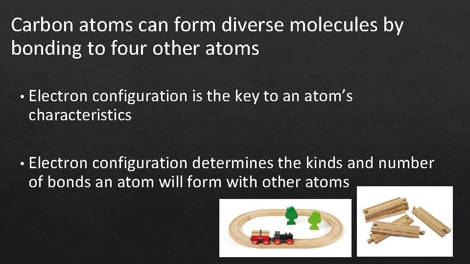 Carbon atoms can form diverse molecules by bonding to four other atoms • Electron