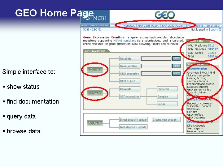 GEO Home Page Simple interface to: § show status § find documentation § query