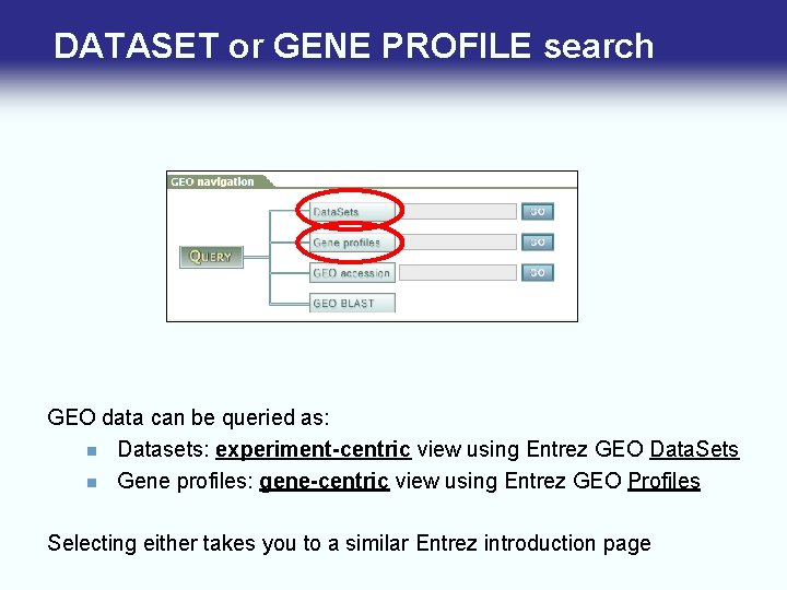 DATASET or GENE PROFILE search GEO data can be queried as: n Datasets: experiment-centric