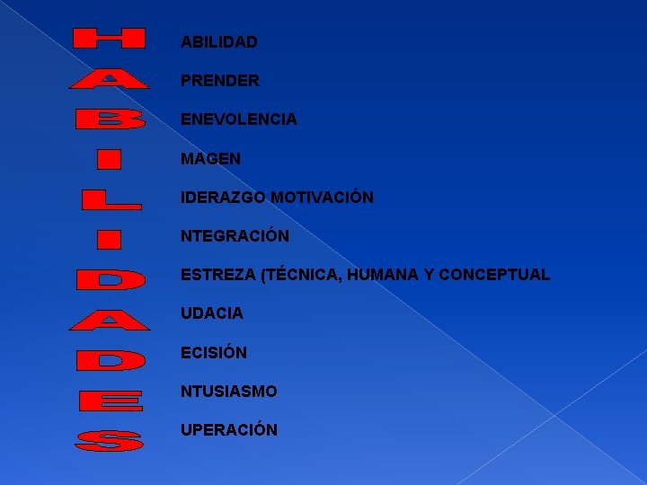 ABILIDAD PRENDER ENEVOLENCIA MAGEN IDERAZGO MOTIVACIÓN NTEGRACIÓN ESTREZA (TÉCNICA, HUMANA Y CONCEPTUAL UDACIA ECISIÓN