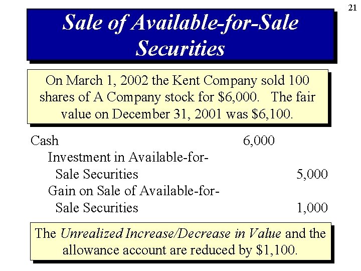 Sale of Available-for-Sale Securities On March 1, 2002 the Kent Company sold 100 shares