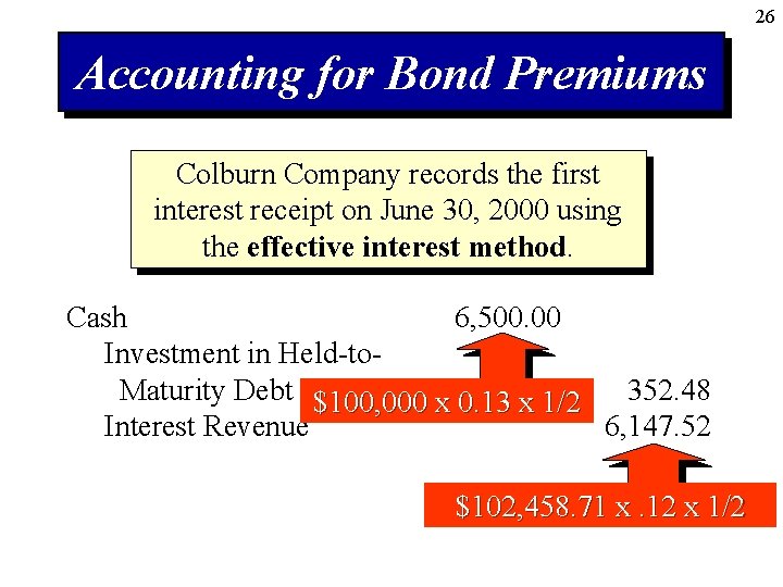26 Accounting for Bond Premiums Colburn Company records the first interest receipt on June