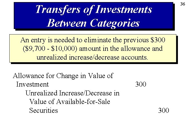 36 Transfers of Investments Between Categories An entry is needed to eliminate the previous