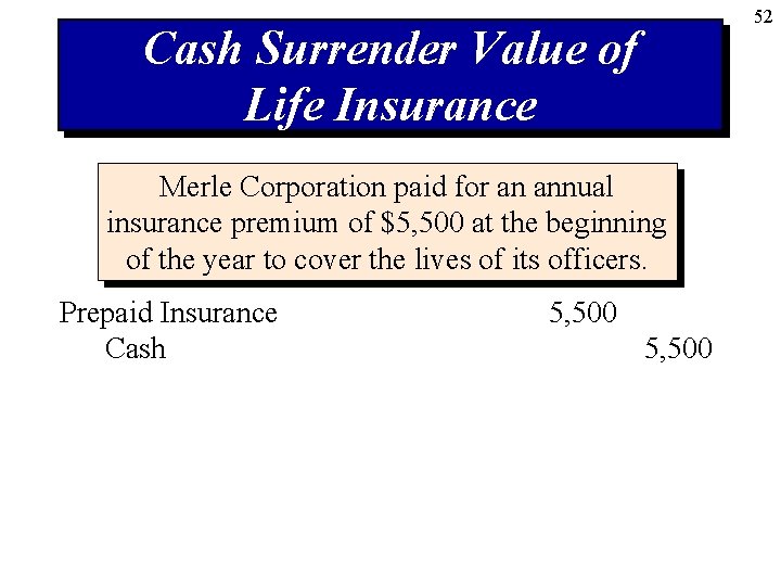 52 Cash Surrender Value of Life Insurance Merle Corporation paid for an annual insurance