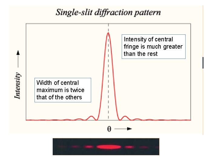 Intensity of central fringe is much greater than the rest Width of central maximum