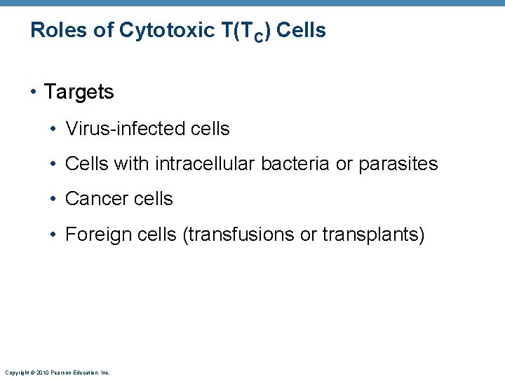 Roles of Cytotoxic T(TC) Cells • Targets • Virus-infected cells • Cells with intracellular