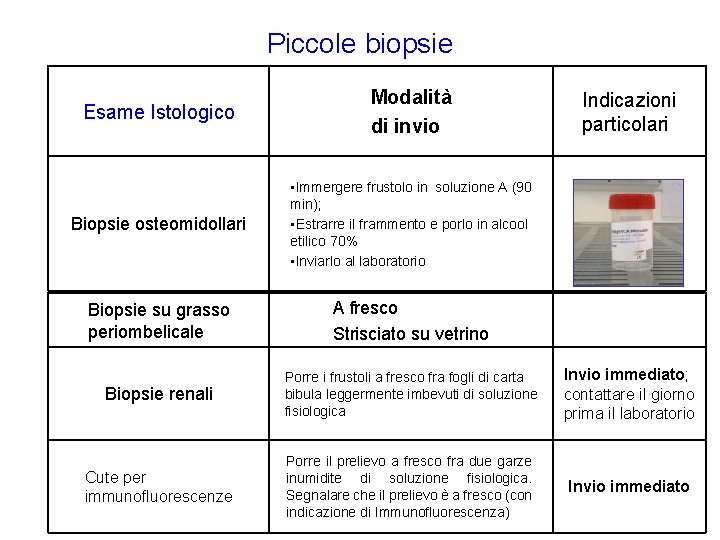 Piccole biopsie Esame Istologico Modalità di invio Biopsie osteomidollari • Immergere frustolo in soluzione