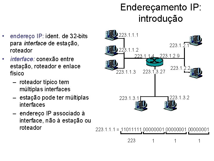 Endereçamento IP: introdução • endereço IP: ident. de 32 -bits para interface de estação,