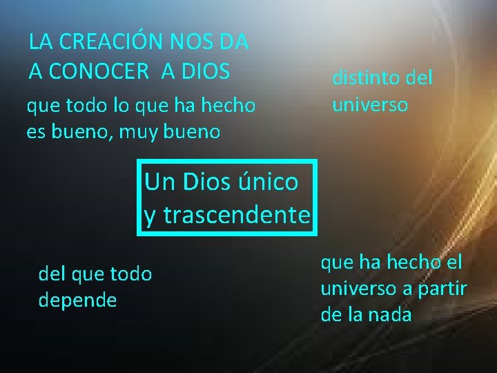 LA CREACIÓN NOS DA A CONOCER A DIOS que todo lo que ha hecho