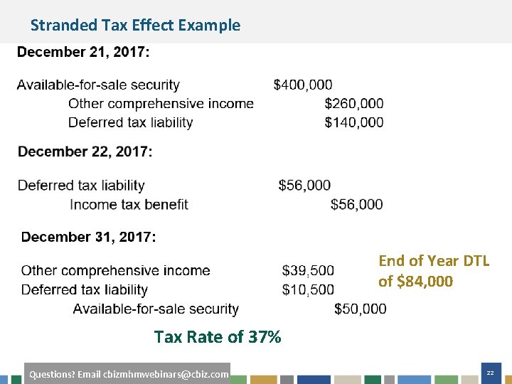 Stranded Tax Effect Example End of Year DTL of $84, 000 Tax Rate of