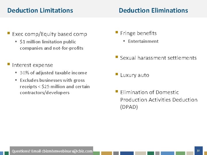 Deduction Limitations § Exec comp/Equity based comp § $1 million limitation public companies and
