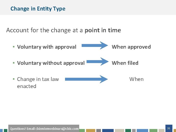 Change in Entity Type Account for the change at a point in time •