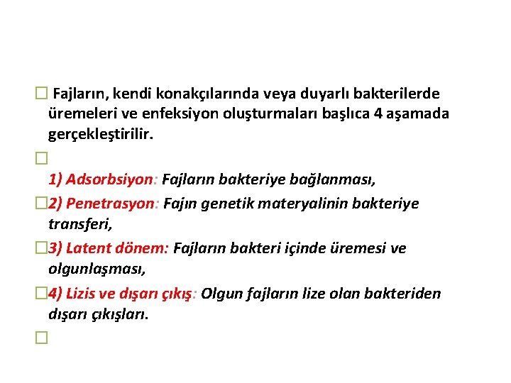 � Fajların, kendi konakçılarında veya duyarlı bakterilerde üremeleri ve enfeksiyon oluşturmaları başlıca 4 aşamada