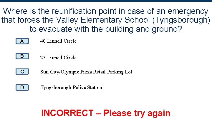 Where is the reunification point in case of an emergency that forces the Valley