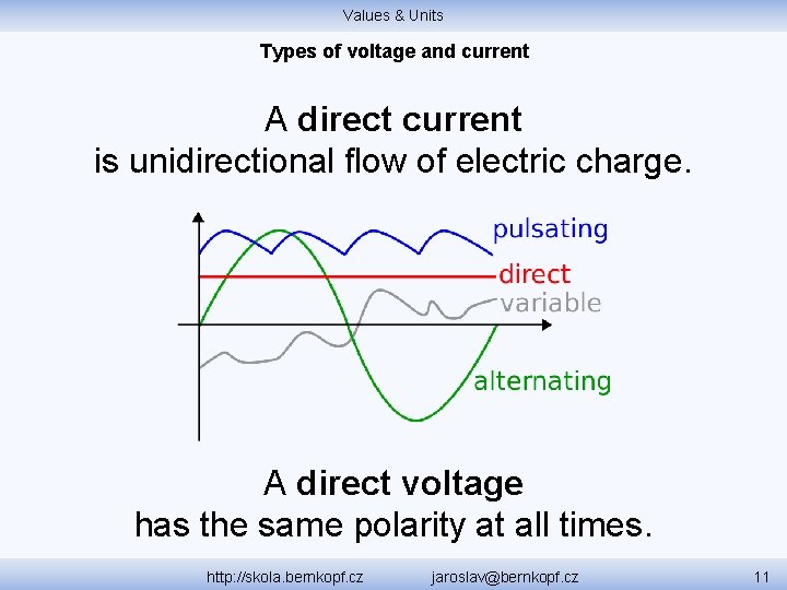 Values & Units Types of voltage and current A direct current is unidirectional flow