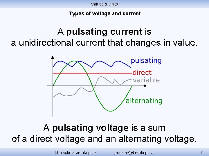 Values & Units Types of voltage and current A pulsating current is a unidirectional