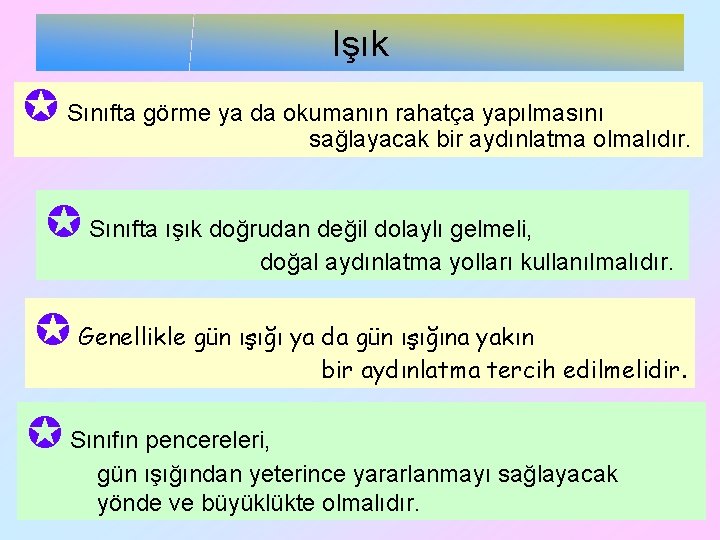 Işık Sınıfta görme ya da okumanın rahatça yapılmasını sağlayacak bir aydınlatma olmalıdır. Sınıfta ışık