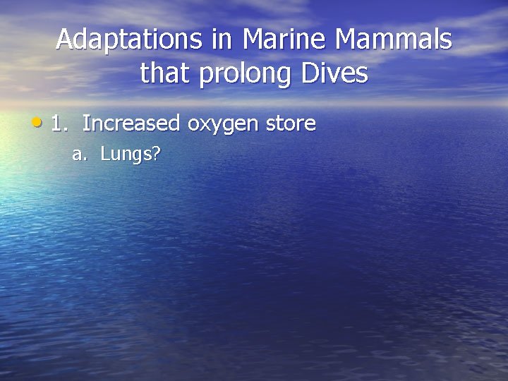 Adaptations in Marine Mammals that prolong Dives • 1. Increased oxygen store a. Lungs?