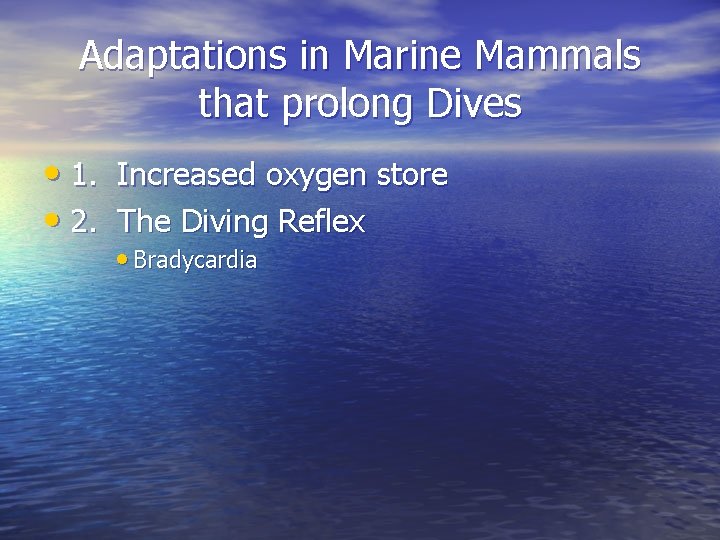 Adaptations in Marine Mammals that prolong Dives • 1. Increased oxygen store • 2.