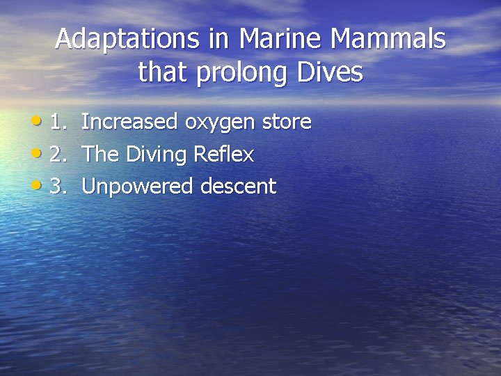 Adaptations in Marine Mammals that prolong Dives • 1. • 2. • 3. Increased