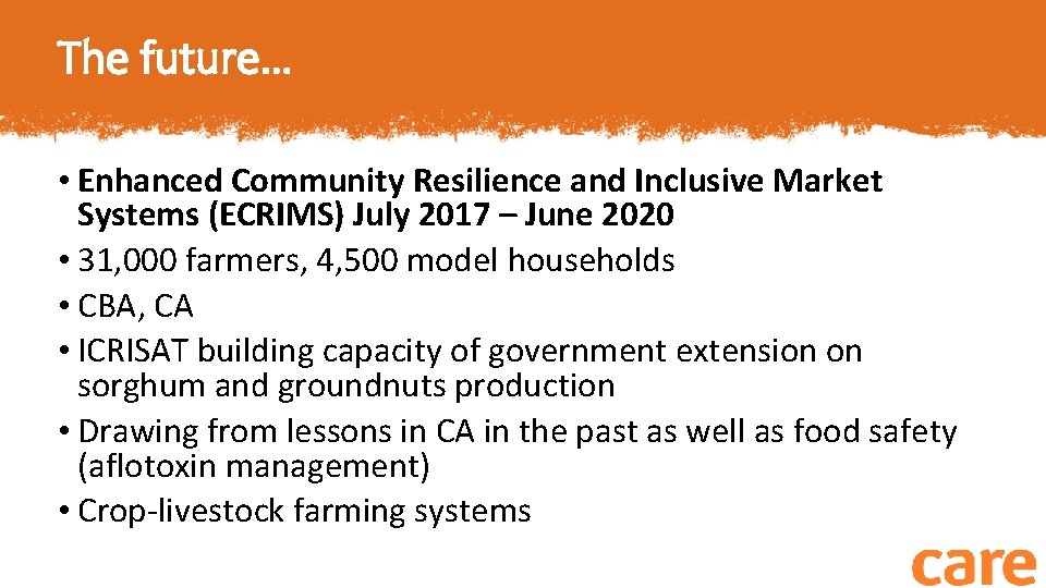 The future… • Enhanced Community Resilience and Inclusive Market Systems (ECRIMS) July 2017 –