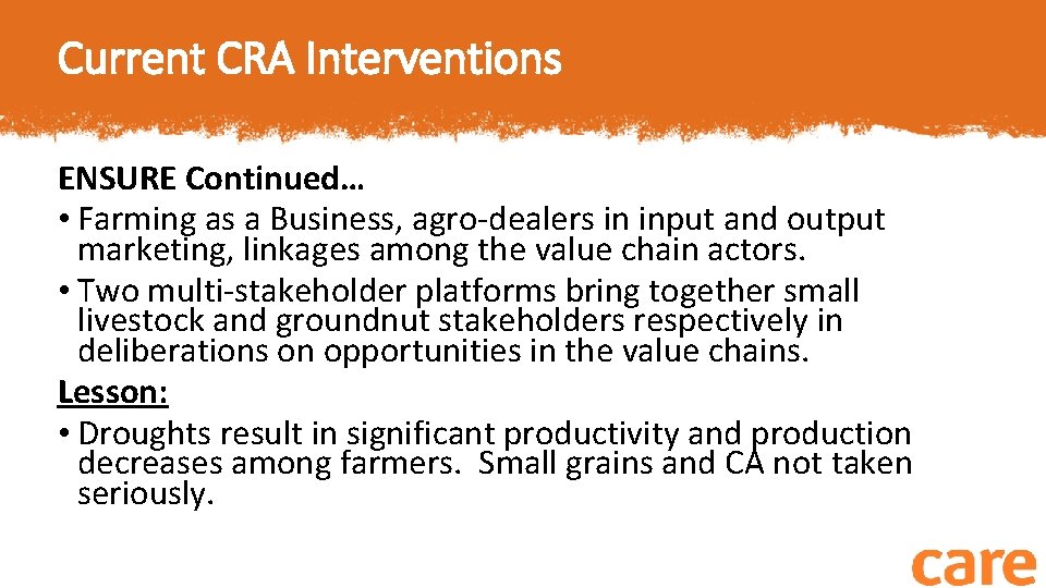 Current CRA Interventions ENSURE Continued… • Farming as a Business, agro-dealers in input and