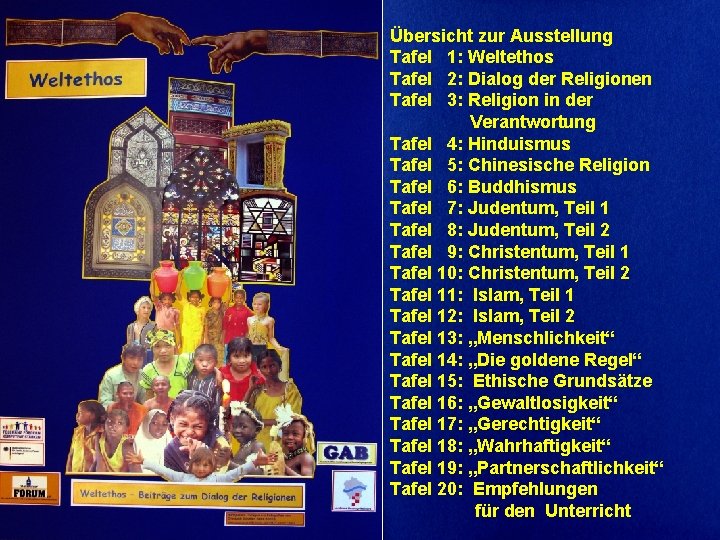 Übersicht zur Ausstellung Tafel 1: Weltethos Tafel 2: Dialog der Religionen Tafel 3: Religion