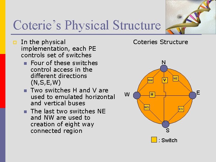 Coterie’s Physical Structure p In the physical implementation, each PE controls set of switches