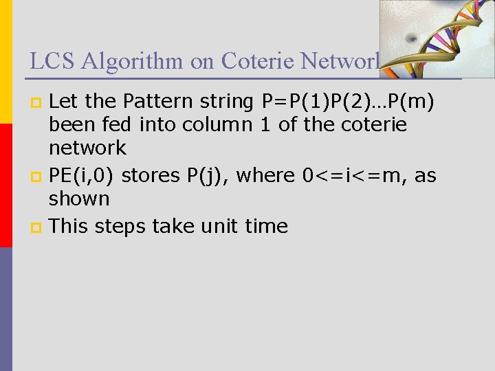LCS Algorithm on Coterie Network Let the Pattern string P=P(1)P(2)…P(m) been fed into column