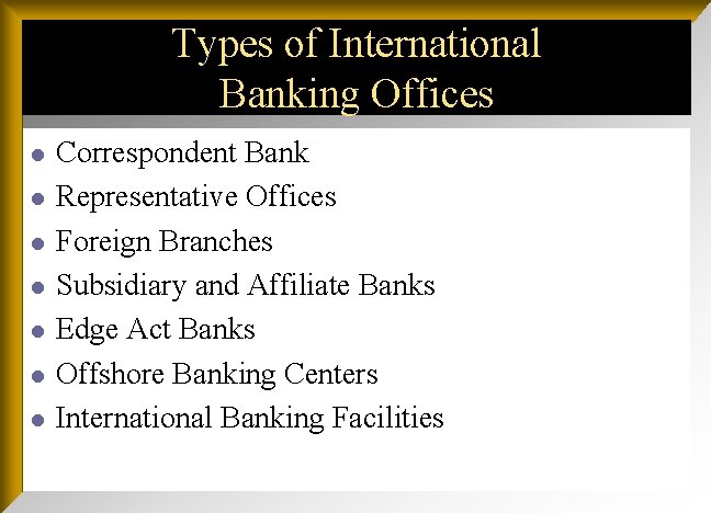 Types of International Banking Offices l l l l Correspondent Bank Representative Offices Foreign