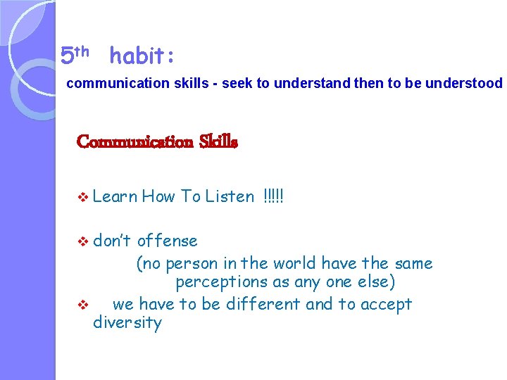 5 th habit: communication skills - seek to understand then to be understood Communication