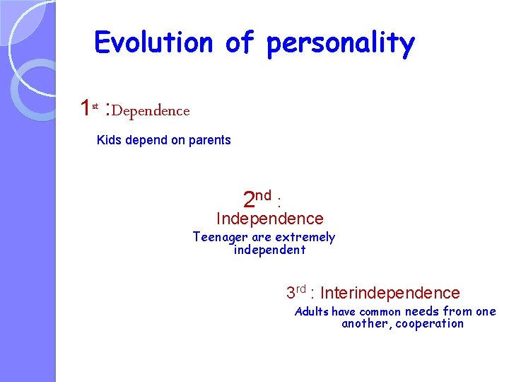 Evolution of personality 1 st : Dependence Kids depend on parents 2 nd :
