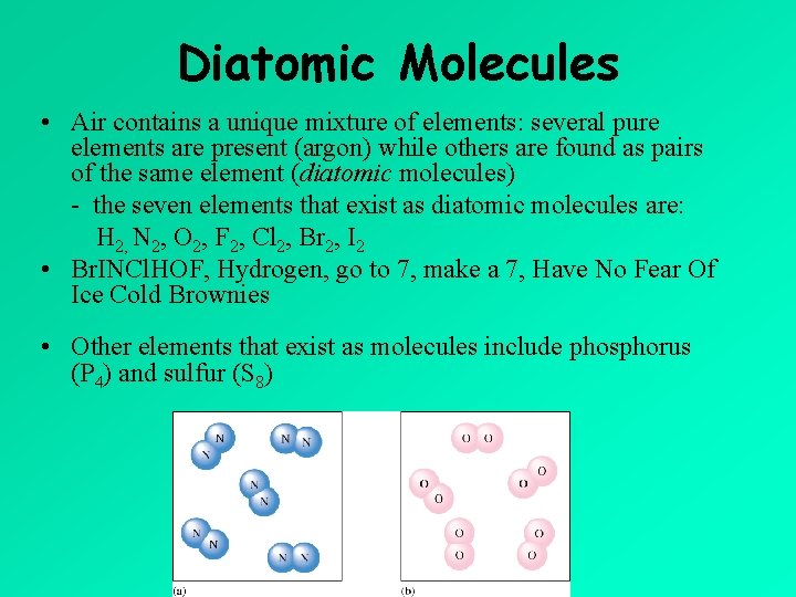 Diatomic Molecules • Air contains a unique mixture of elements: several pure elements are