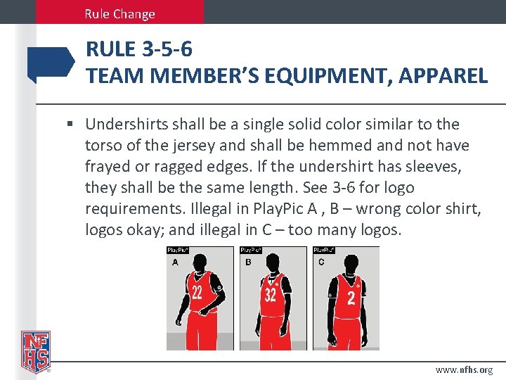 Rule Change RULE 3 -5 -6 TEAM MEMBER’S EQUIPMENT, APPAREL § Undershirts shall be